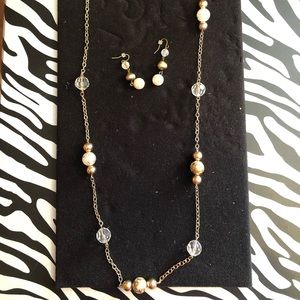 Gold, white & clear beaded necklace and earrings